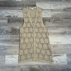 Vintage 1993 Claudia D Silk Crochet Long Vest Boho Lace Knit Duster